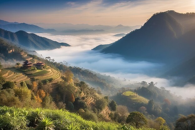Bela paisagem de camada de montanha no raio do sol da manhã e nevoeiro de inverno em Doi Hua Mae Kham Mae Salong Nai Chiangrai Tailândia