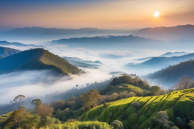 Bela paisagem de camada de montanha no raio do sol da manhã e nevoeiro de inverno em Doi Hua Mae Kham Mae Salong Nai Chiangrai Tailândia