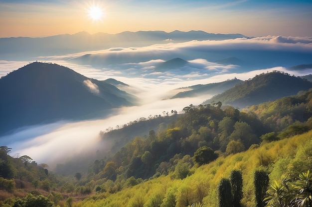 Bela paisagem de camada de montanha no raio do sol da manhã e nevoeiro de inverno em Doi Hua Mae Kham Mae Salong Nai Chiangrai Tailândia