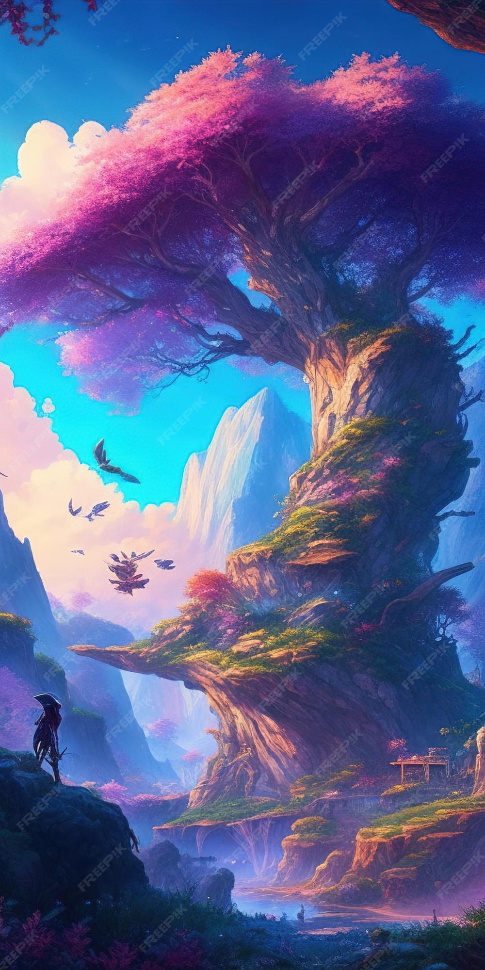 Bela paisagem de floresta de anime, paisagem de fantasia