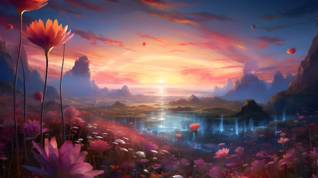 Bela paisagem de fantasia com flor de lótus rosa Pintura digital
