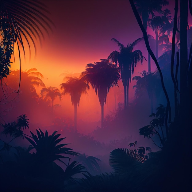 Bela paisagem de floresta de selva enevoada ao pôr do sol ou nascer do sol Generative AI