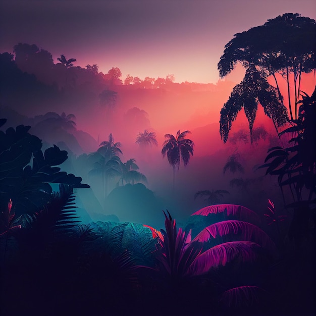 Bela paisagem de floresta de selva enevoada ao pôr do sol ou nascer do sol Generative AI