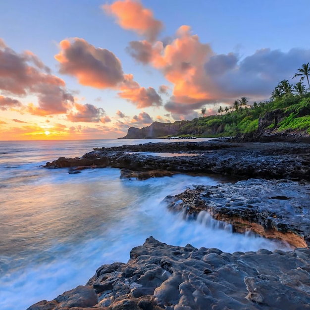 Bela paisagem de formações rochosas ao lado do mar em Queens Bath Kauai Havaí ao pôr do sol