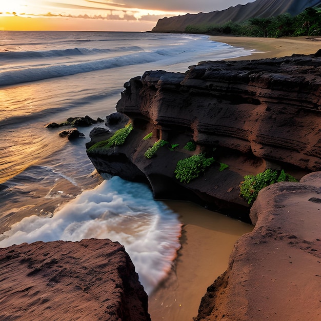 bela paisagem de formações rochosas ao lado do mar em queens bath kauai hawai no pôr do sol