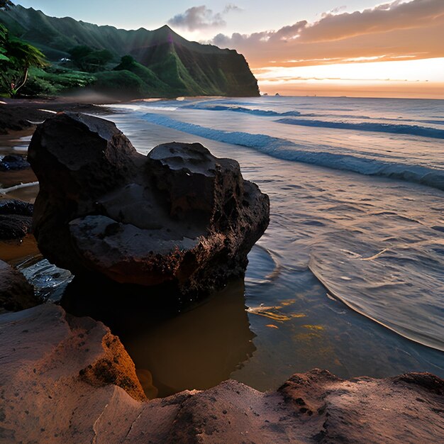 bela paisagem de formações rochosas ao lado do mar em queens bath kauai hawai no pôr do sol