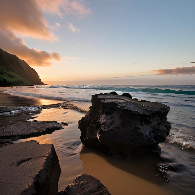 bela paisagem de formações rochosas ao lado do mar em queens bath kauai hawai no pôr do sol
