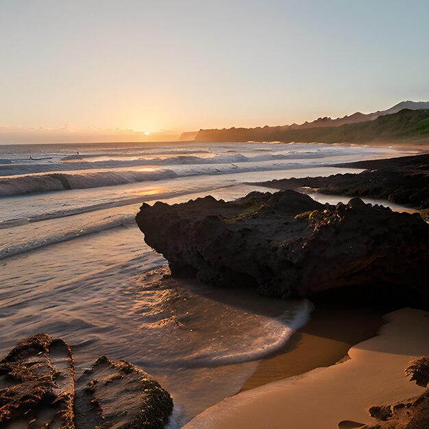 bela paisagem de formações rochosas ao lado do mar em queens bath kauai hawai no pôr do sol