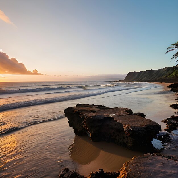 Foto bela paisagem de formações rochosas ao lado do mar em queens bath kauai hawai no pôr do sol