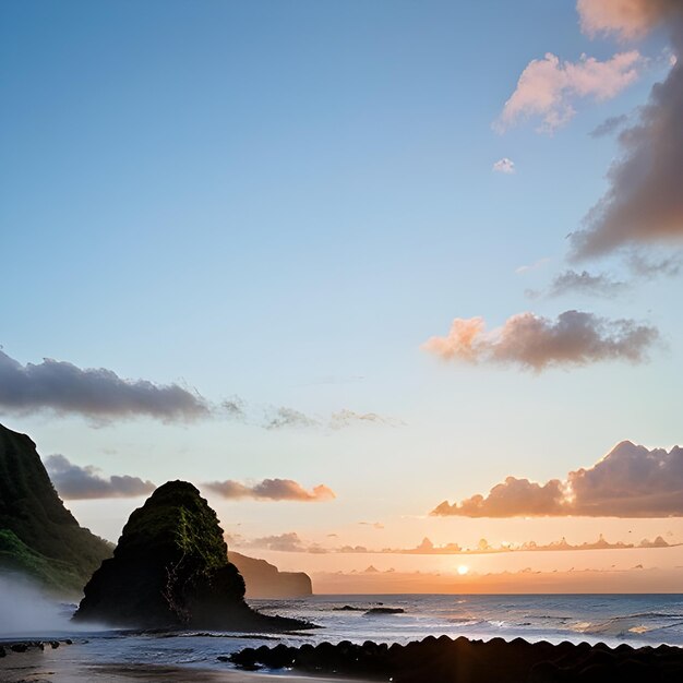 bela paisagem de formações rochosas ao lado do mar em queens bath kauai hawai no pôr do sol