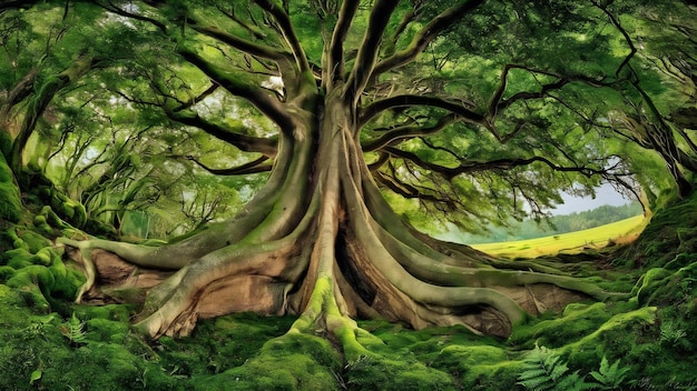 Foto bela paisagem de grande árvore na floresta com vista de anjo baixo