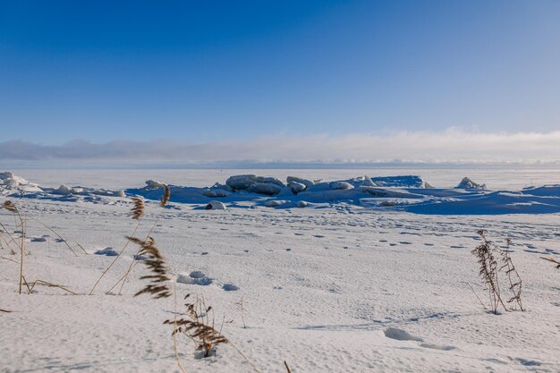 Foto bela paisagem de inverno campo de neve branca e gelo no horizonte sensação de luz e ar e paleta de cores claras