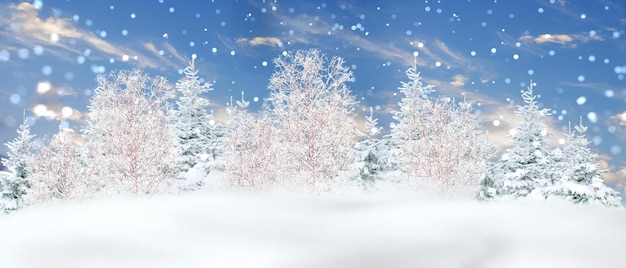 bela paisagem de inverno céu azul árvores cobertas por neve, flocos de neve caem país das maravilhas do Natal