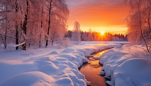 Bela paisagem de inverno com árvores cobertas de neve e rio ao pôr do sol