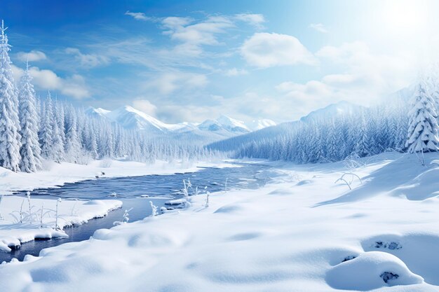 Bela paisagem de inverno com árvores cobertas de neve e um rio nas montanhas