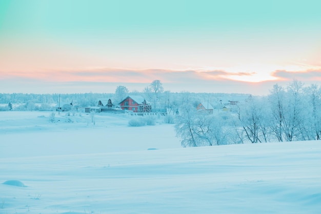 Bela paisagem de inverno com árvores e casas cobertas de neve