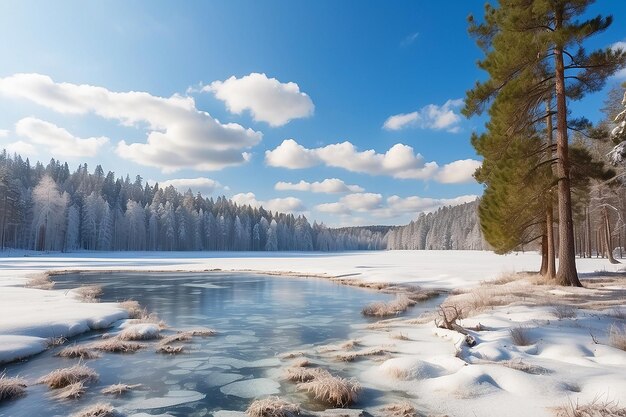 Bela paisagem de inverno com lago congelado e floresta de pinheiros em um dia ensolarado