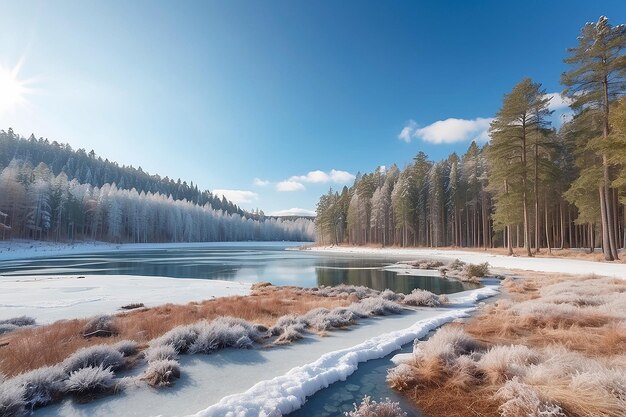 Bela paisagem de inverno com lago congelado e floresta de pinheiros em um dia ensolarado
