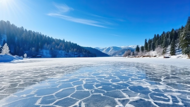 Bela paisagem de inverno com lago congelado e pinhal nas montanhas