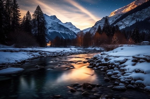 Bela paisagem de inverno com rio de montanha e céu estrelado à noite