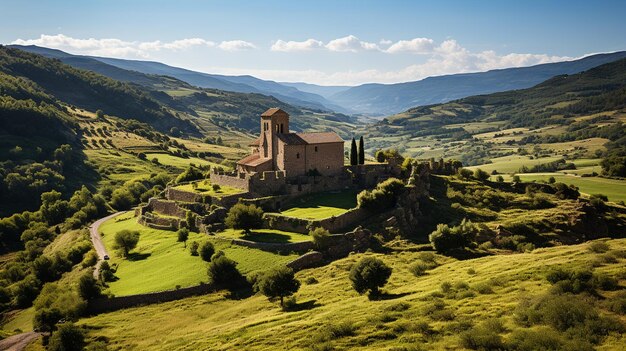 Foto bela paisagem de montanha com igreja na aldeia italiana de castelvecchio norrzzo região umbria itália