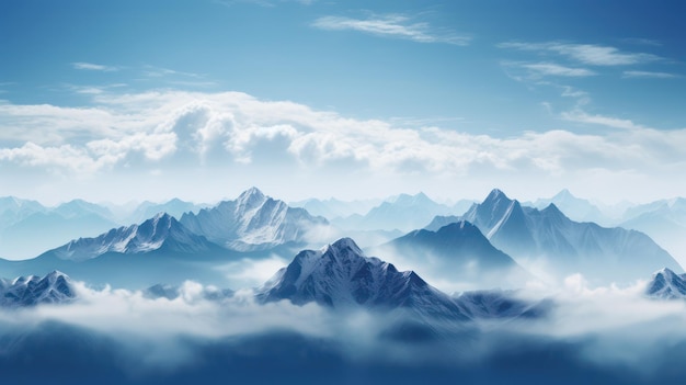 Bela paisagem de montanha com nuvens e ilustração de céu azul IA geradora