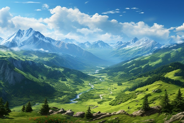 Bela paisagem de montanha com rio no vale renderização 3D