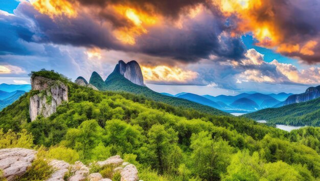 Bela paisagem de montanhas dolomitas árvores céu colorido generativo ai