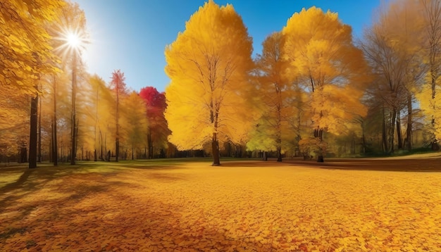 Bela paisagem de outono colorida e brilhante com um tapete de folhas amarelas Parque natural com outono