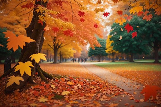 Bela paisagem de outono com folhagem colorida no parque folhas caindo fundo natural