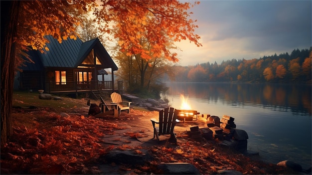 Bela paisagem de outono com lago e casa de madeira Pintura digital