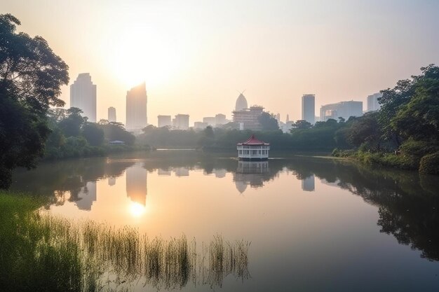 Bela paisagem de paisagem urbana com construção da cidade em torno do parque Lumpini em Bangkok, Tailândia