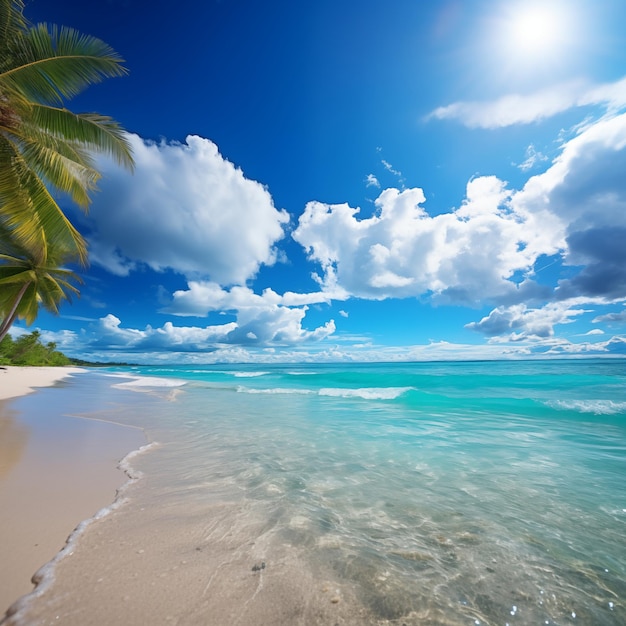 Bela paisagem de praia tropical com nuvens generativas ai