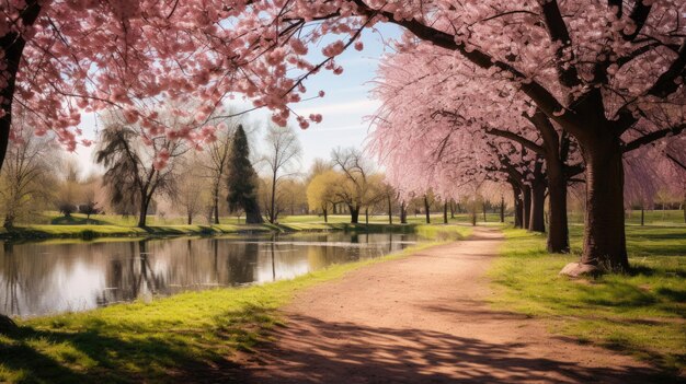 Bela paisagem de primavera com árvores em flor no parque