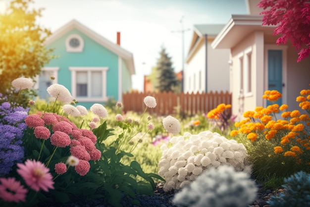 Bela paisagem de primavera com flores silvestres coloridas em um jardim atrás da casa Generative AI