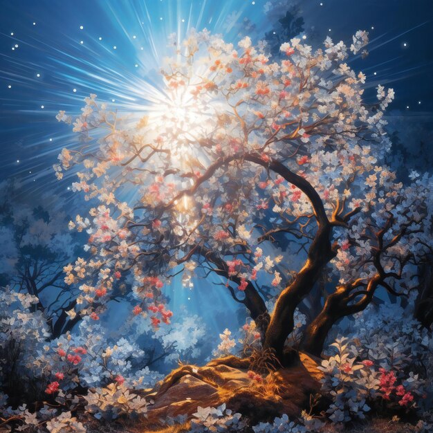 Bela paisagem de primavera com macieira em flor Pintura digital