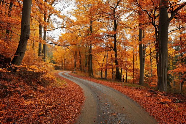 Bela paisagem de uma estrada em uma floresta com muitas árvores de outono coloridas