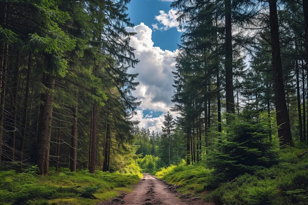 Bela paisagem de uma floresta com muitas árvores de abeto cercadas