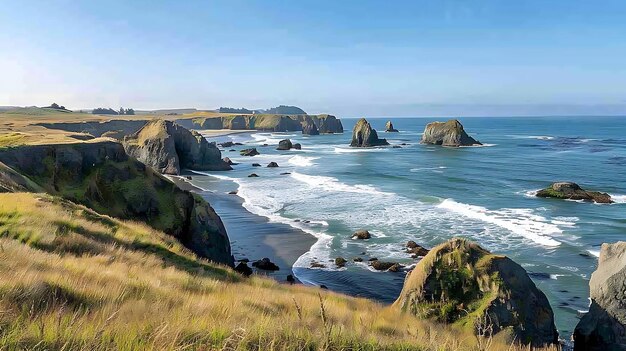 Foto bela paisagem de uma praia rochosa com grandes formações rochosas em primeiro plano, ondas batendo e uma costa distante.