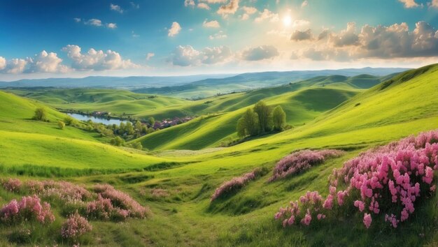 Bela paisagem de verão com campos verdes e flores rosa geradas pela IA