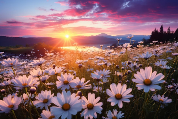 Bela paisagem de verão com flores e montanhas ao pôr-do-sol