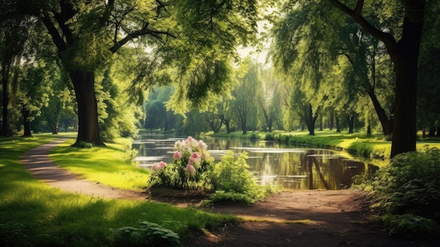 Bela paisagem de verão com folhagem verde no parque