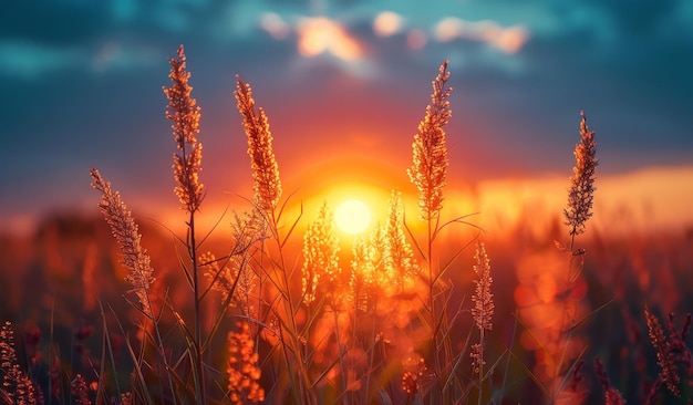 Bela paisagem de verão com grama no campo e pôr do sol à noite