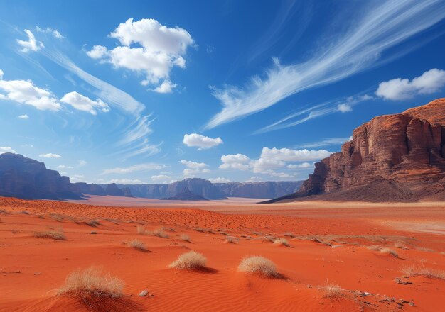 Foto bela paisagem desértica de areia vermelha com céu azul e nuvens