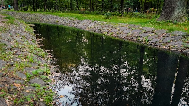 Bela paisagem do canal de água fluindo pelo parque auutmn