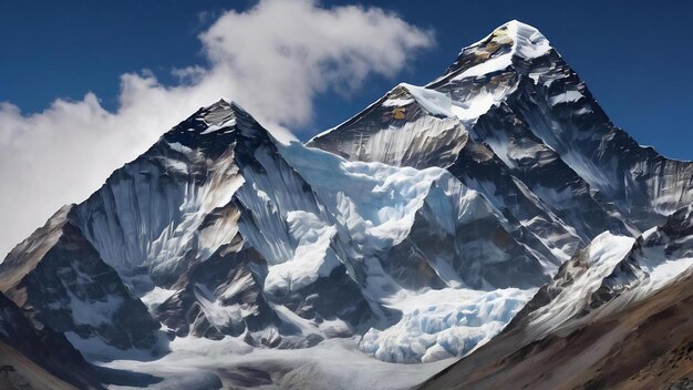 Bela paisagem do cume do Monte Everest coberto de neve sob as nuvens brancas