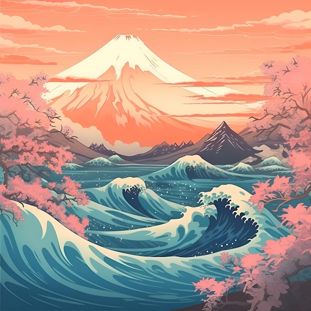 Bela paisagem do Monte Fuji ao pôr do sol Japão ilustração vetorial