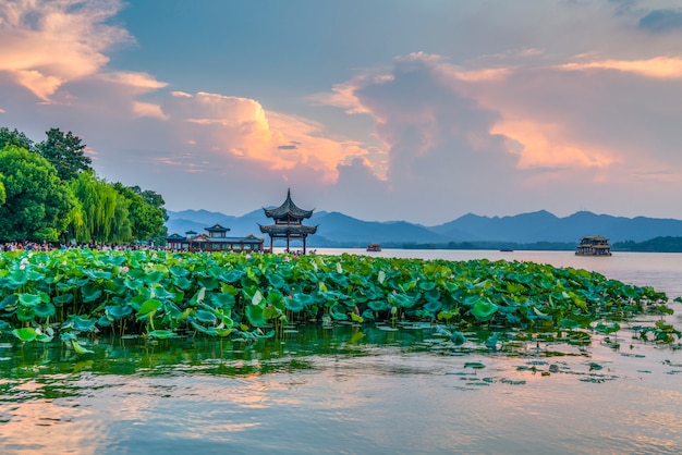 Bela paisagem e paisagem em west lake, hangzhou