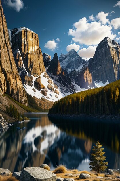 Foto bela paisagem fotografia papel de parede fundo picos lago canyon céu nuvens brancas