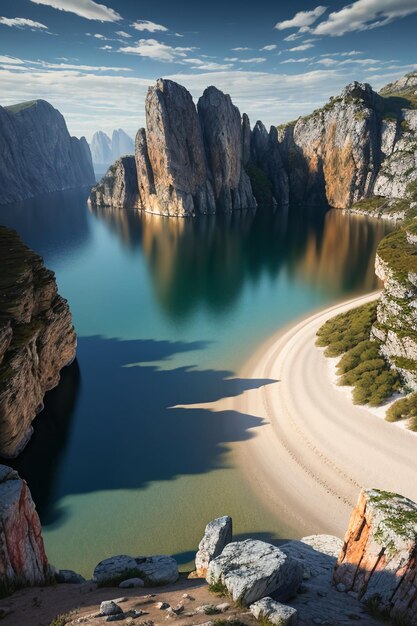 Foto bela paisagem fotografia papel de parede fundo picos lago canyon céu nuvens brancas